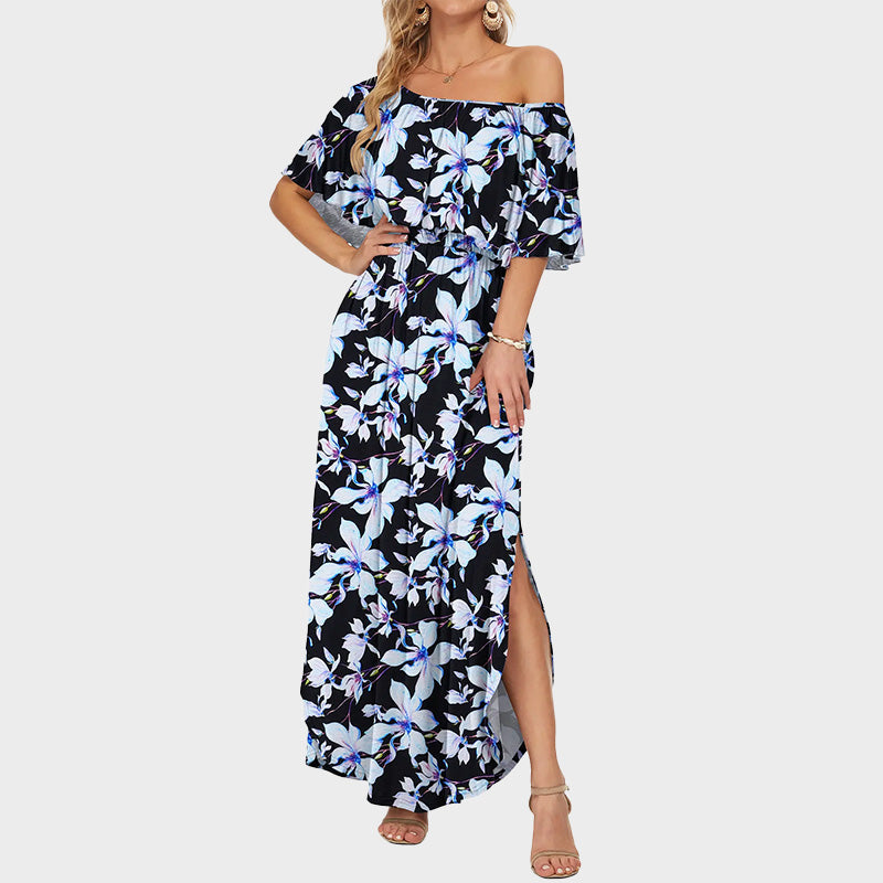 Plus Size Off Shoulder Split Maxi Dress with Ruffle and Pockets
