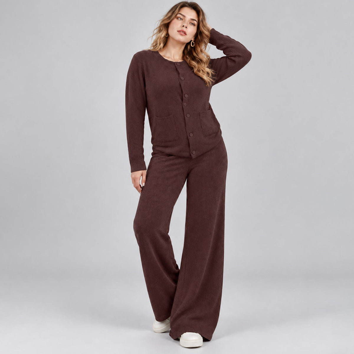 Women's Casual Knit Sweater Set Round Neck Wide Leg Pants