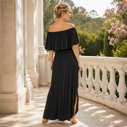 Plus Size Off Shoulder Split Maxi Dress with Ruffle and Pockets