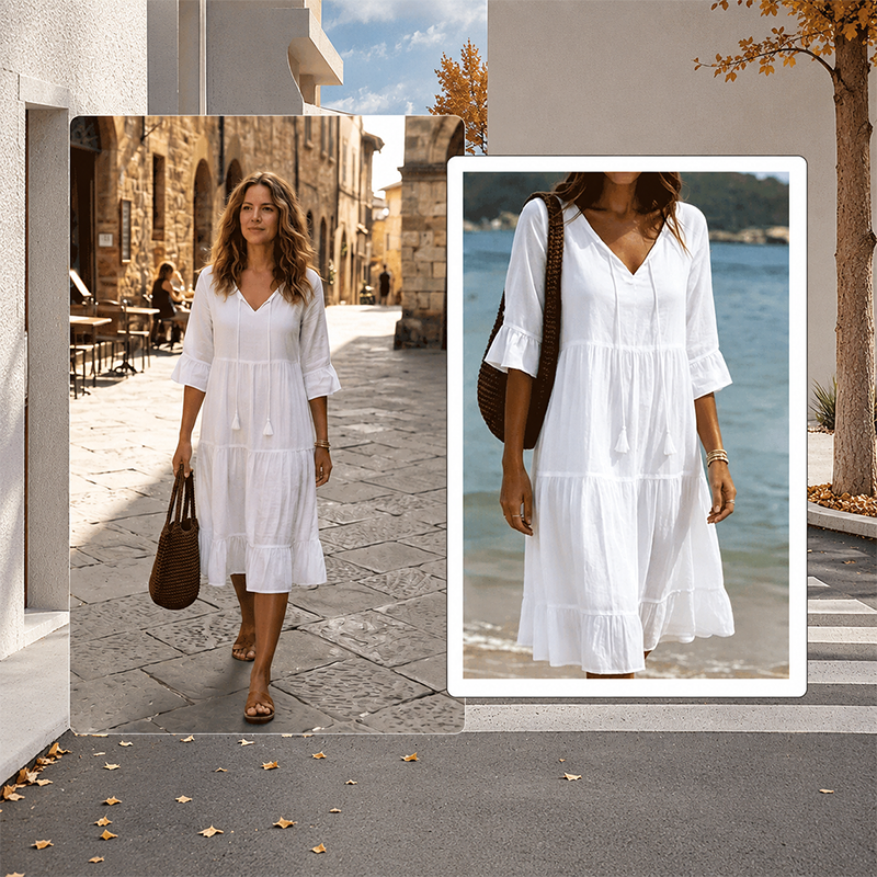 Flared Half Sleeve Tie Waist Dress