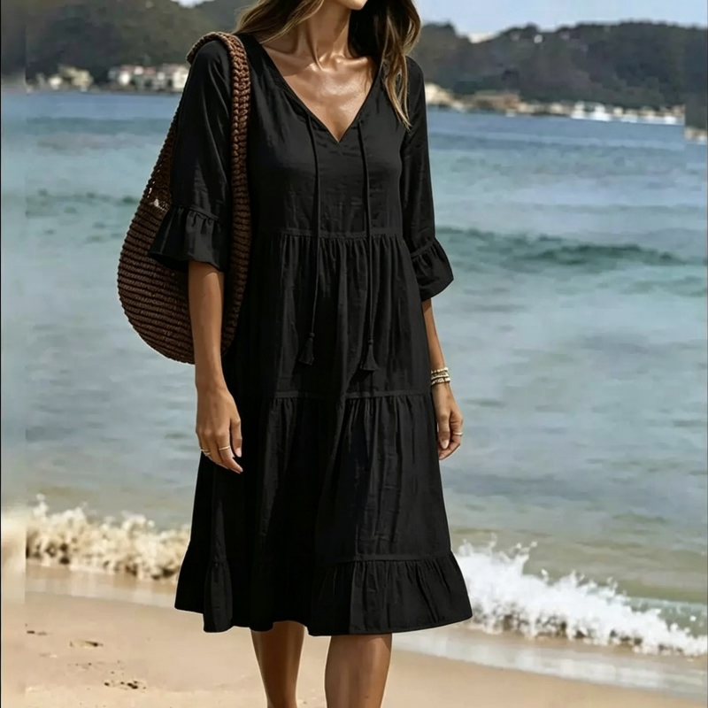 Flared Half Sleeve Tie Waist Dress