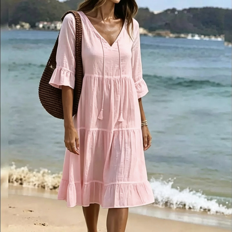 Flared Half Sleeve Tie Waist Dress