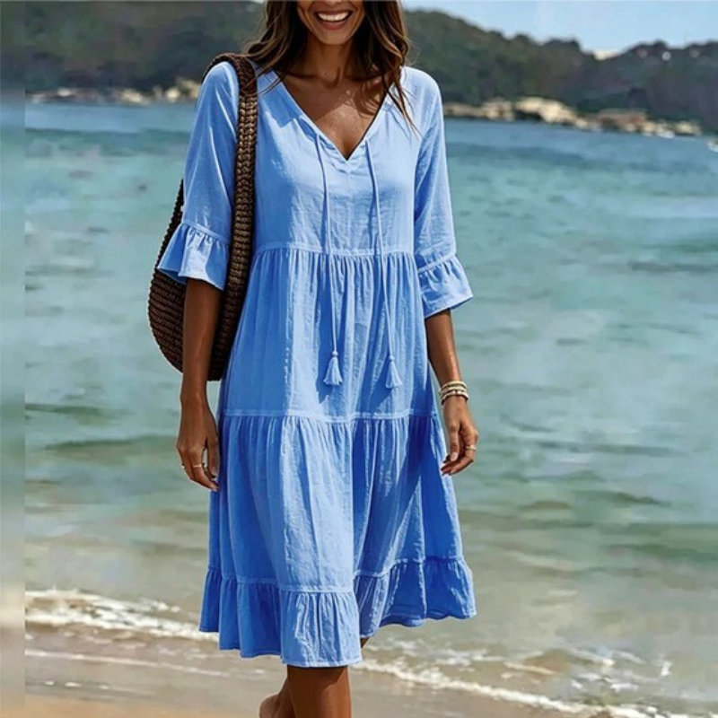 Flared Half Sleeve Tie Waist Dress