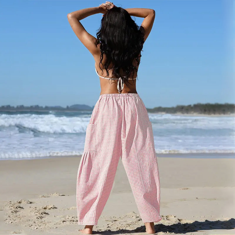 Womens Wide Leg Gingham Striped Plaid Pants