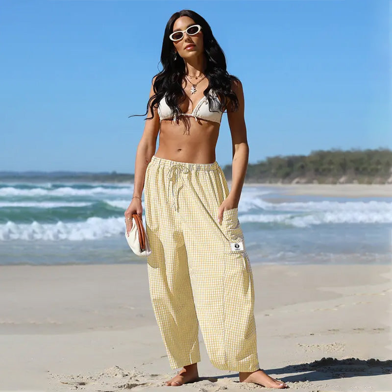 Womens Wide Leg Gingham Striped Plaid Pants