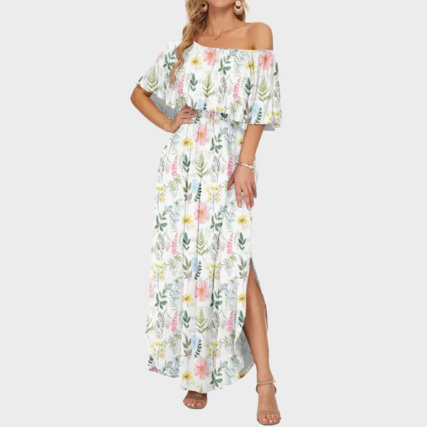 Plus Size Off Shoulder Split Maxi Dress with Ruffle and Pockets