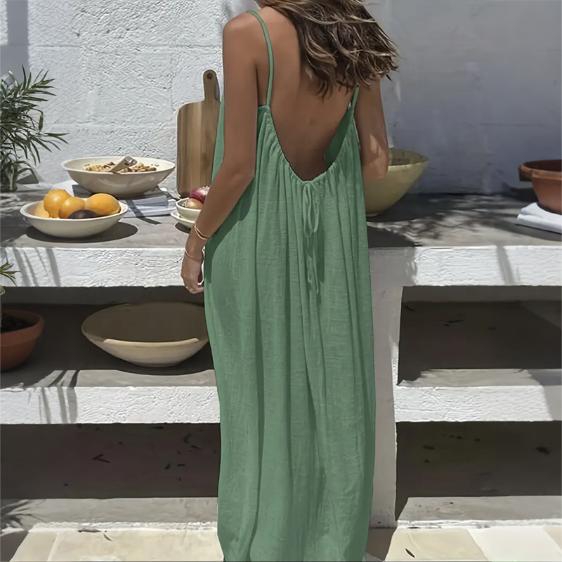 Solid Color Shirred Backless Spaghetti Strap Maxi Dress