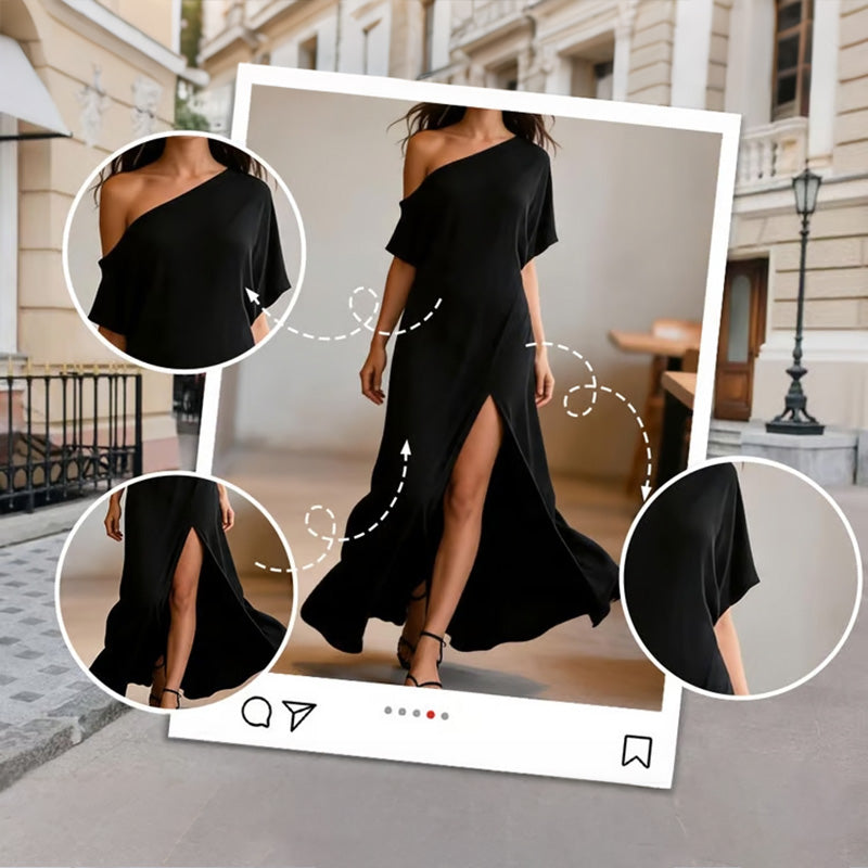 Slash Shoulder Slit Dress