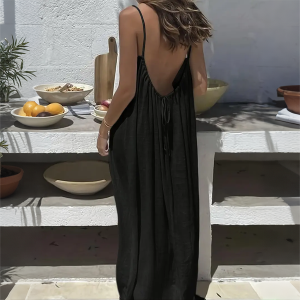 Solid Color Shirred Backless Spaghetti Strap Maxi Dress