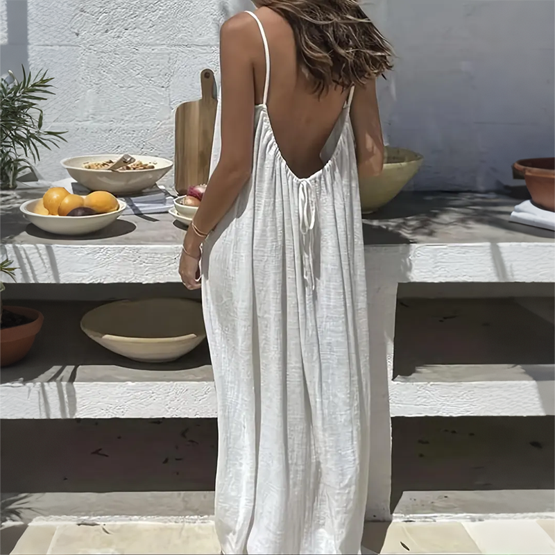 Solid Color Shirred Backless Spaghetti Strap Maxi Dress