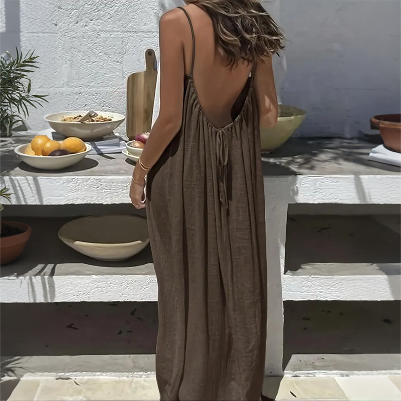 Solid Color Shirred Backless Spaghetti Strap Maxi Dress