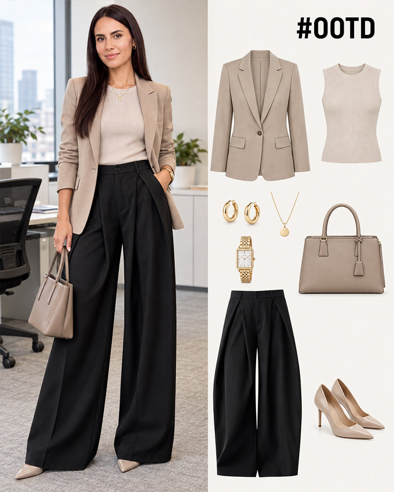 Women's Vintage Wide Leg Pants Elastic Waist Loose