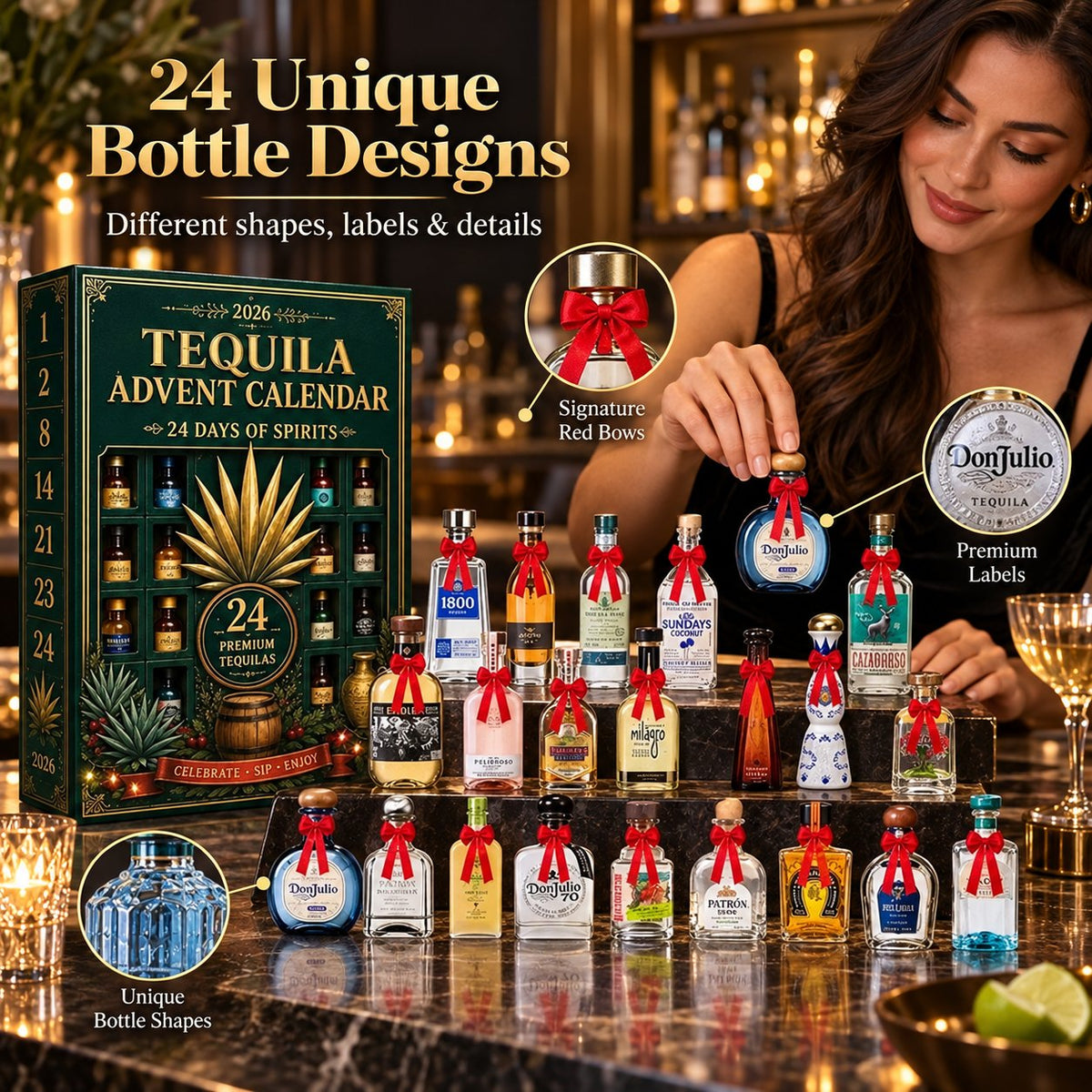 🎁✨24-Day Mini Tequila Bottle Advent Blind Box for Holiday Celebration, Bar Table Decor, Collector Gift & Family Countdown